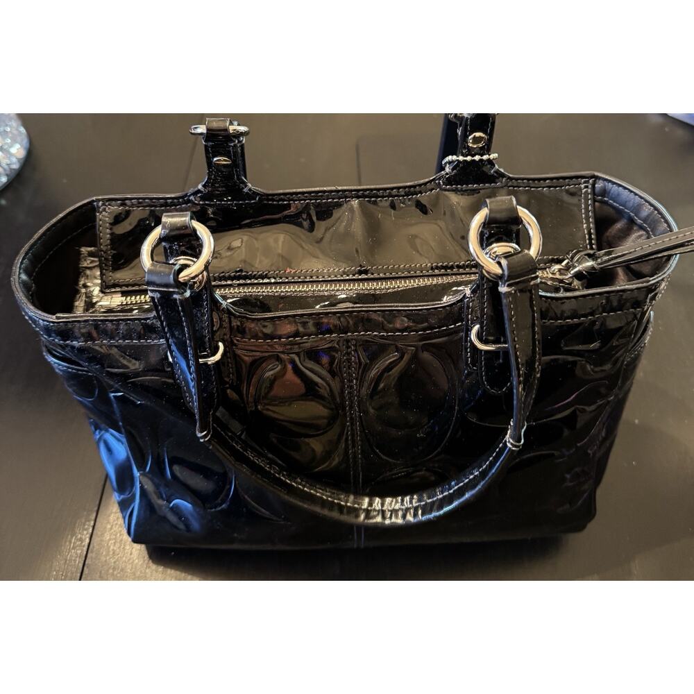 Coach Signature Embossed Black Patent Leather Tote Bag - Picture 8 of 12